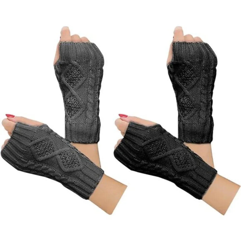 2 Pairs Women Winter Knit Fingerless Gloves Hand Crochet Thumbhole Arm Warmer